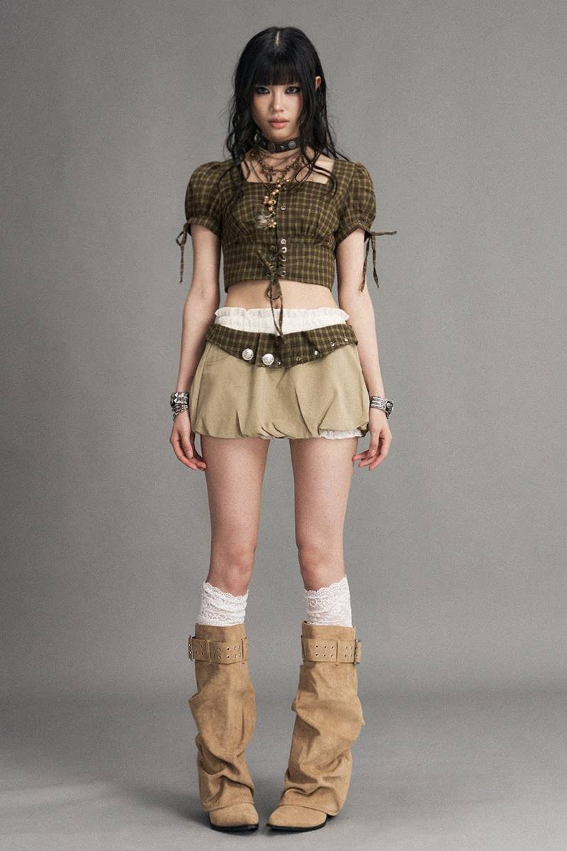 Plaid Waist Bubble Skirt