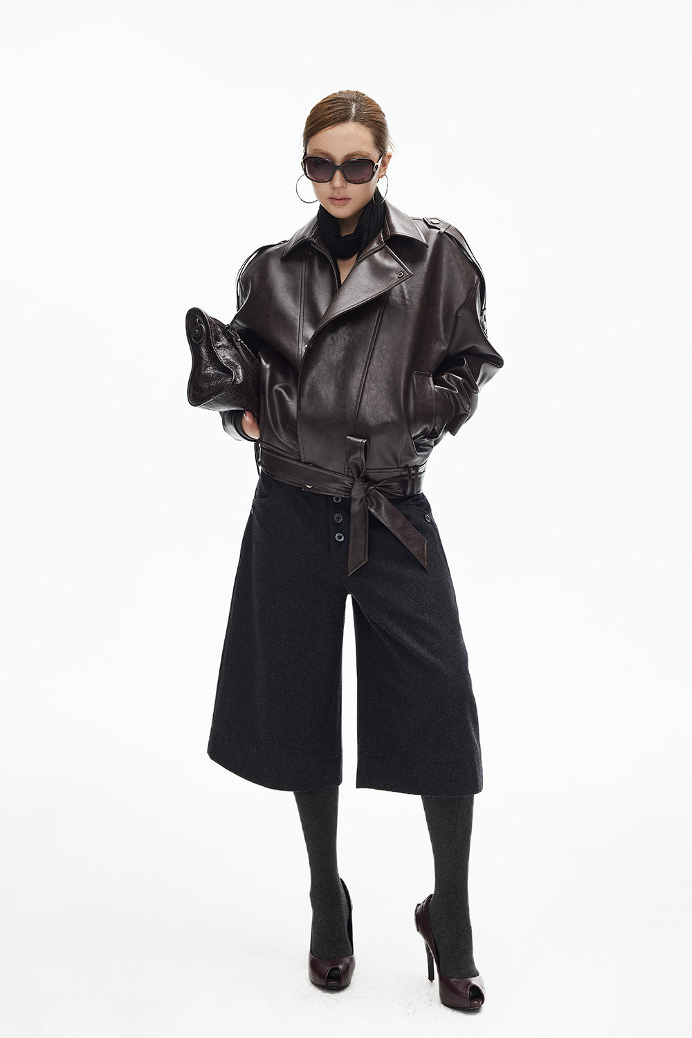 Mocha Leather Belted Jacket