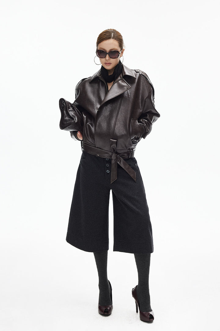 Mocha Leather Belted Jacket