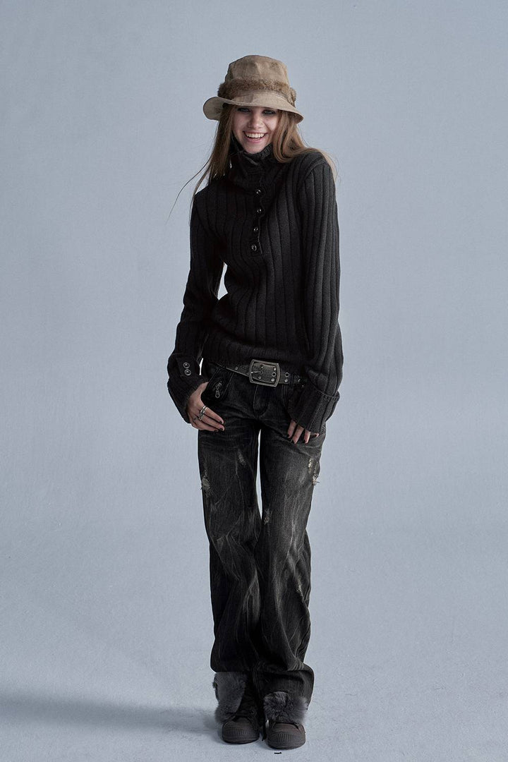 Distressed Ribbed Knit Sweater