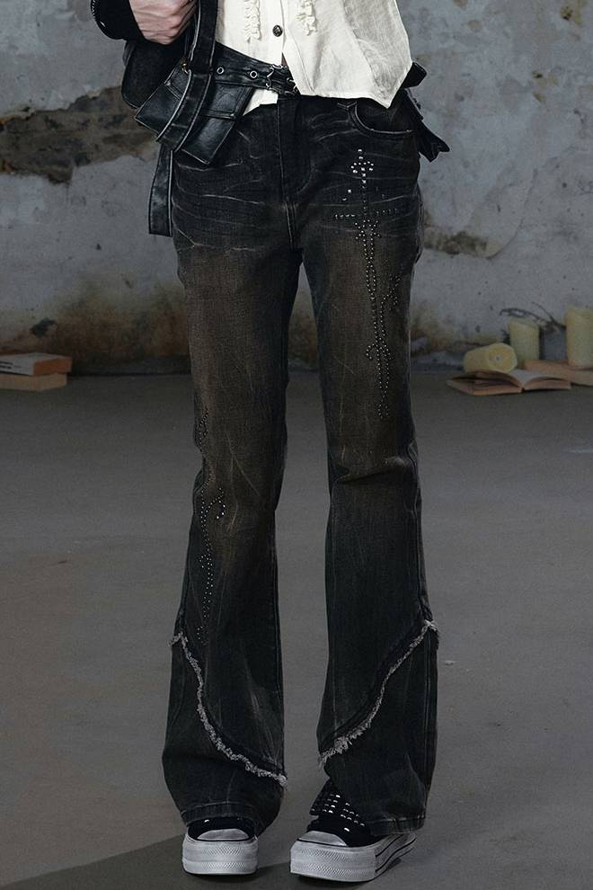 Rhinestone Flared Denim Jeans