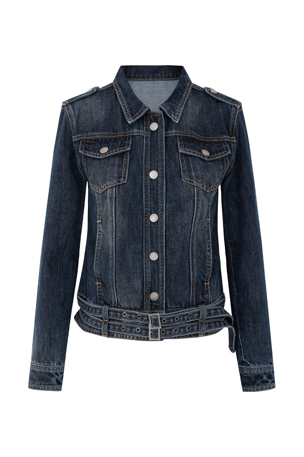 Vintage Double-Belt Denim Jacket