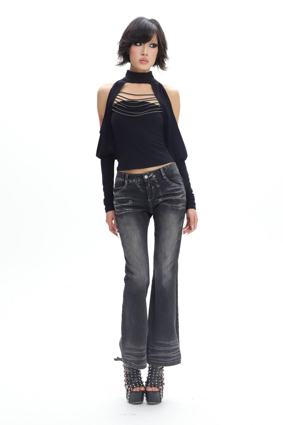 Cutout Rhinestone Fitted Top