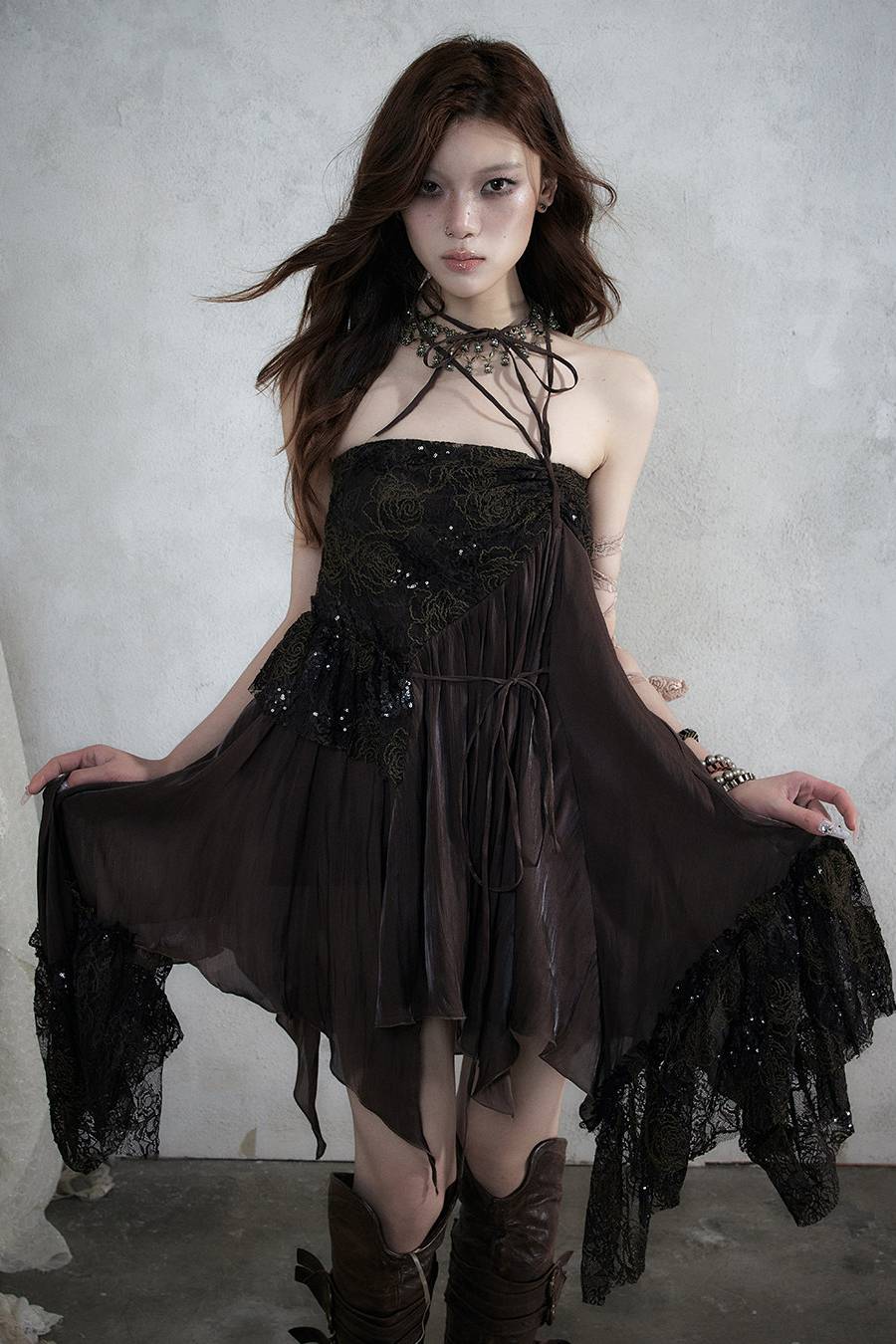 Asymmetric Lace Midi Skirt