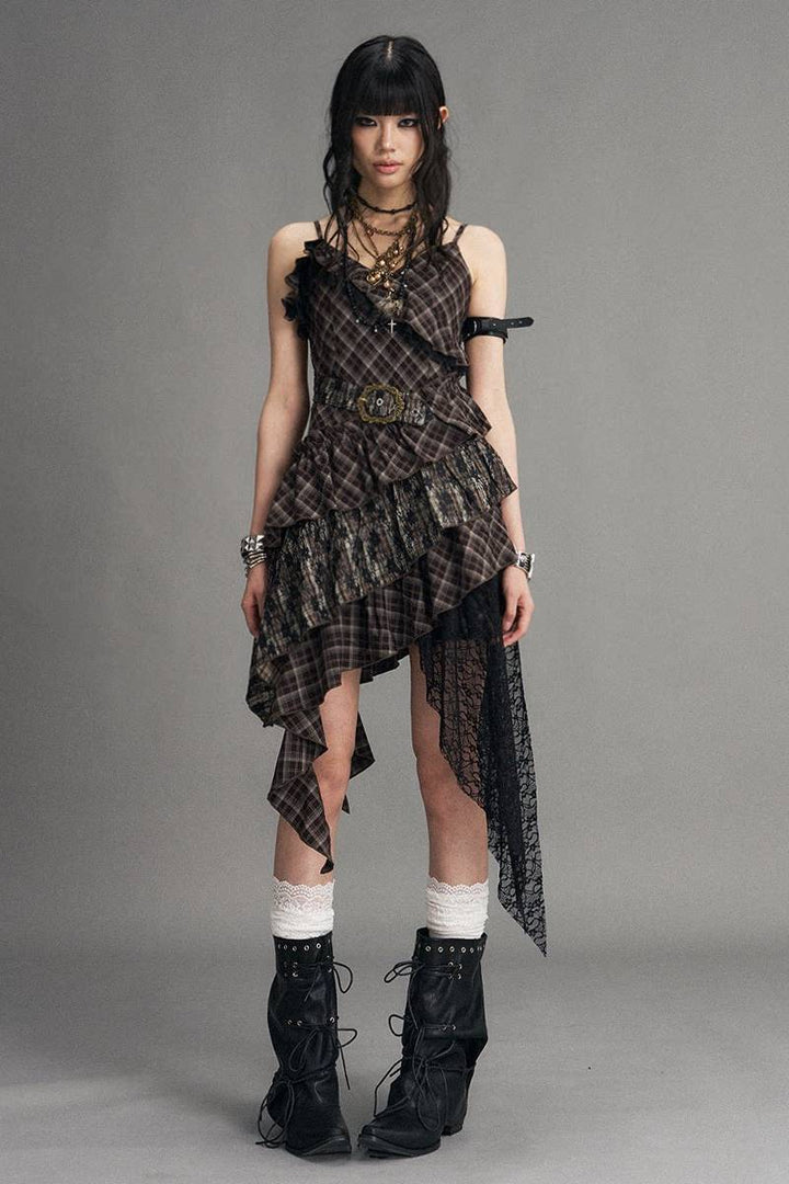 Asymmetric Plaid Mini Dress