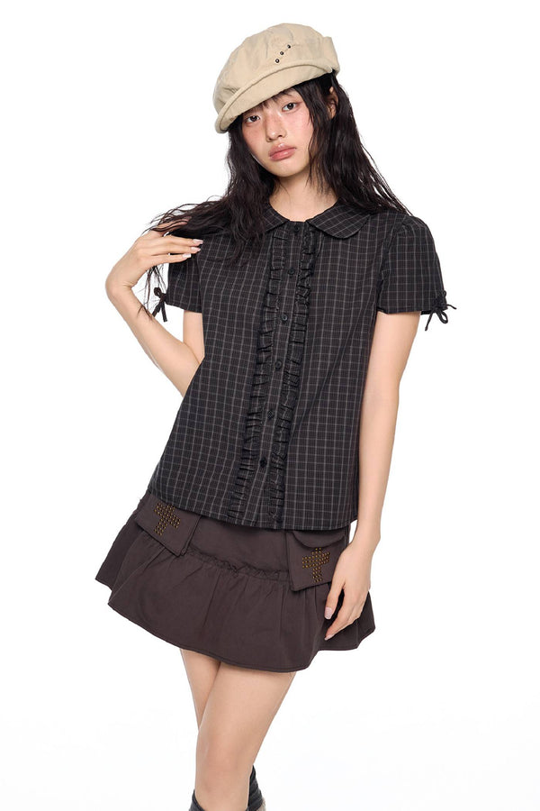 Plaid Bow Sleeve Blouse