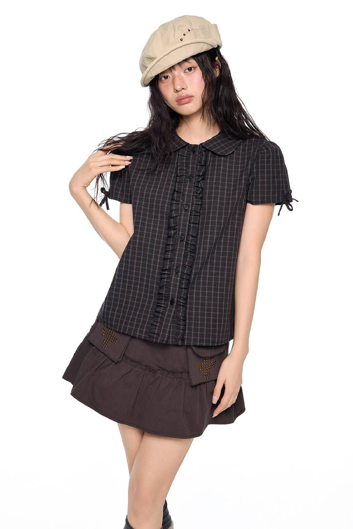 Plaid Bow Sleeve Blouse