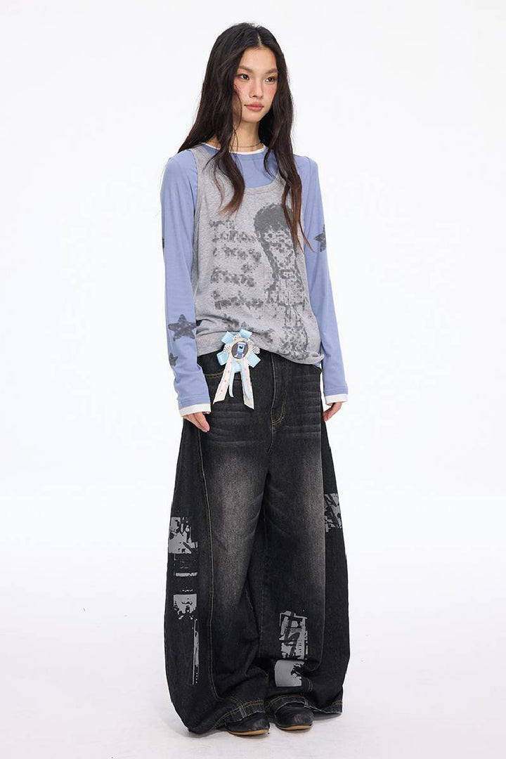 Mesh Sleeve Graphic Top