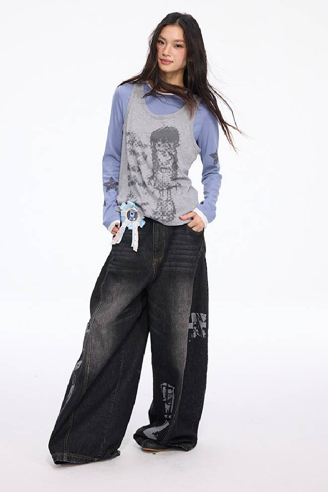 Mesh Sleeve Graphic Top