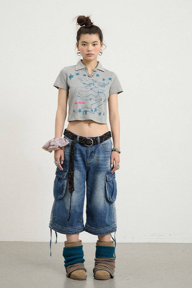 Washed Cargo Denim Shorts