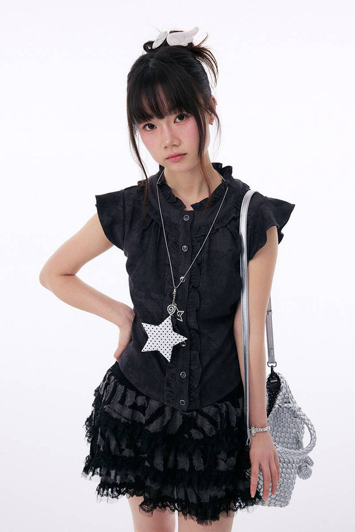 Ruffle Trim Button Blouse