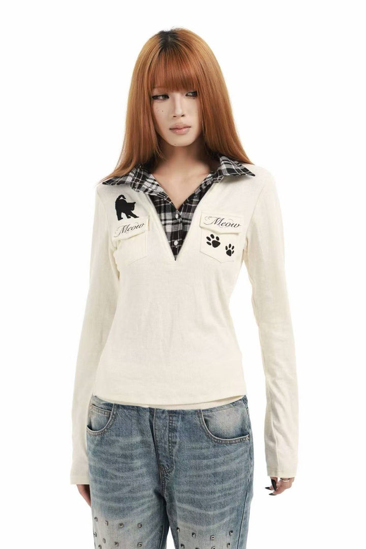 Plaid Collar Graphic Top