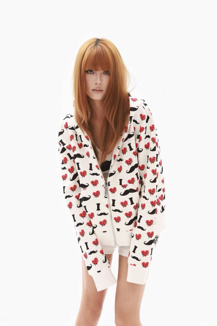 Heart Print Zip Hoodie