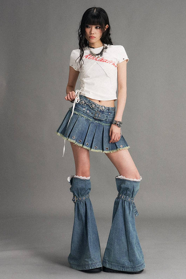 Pleated Denim Mini Skirt