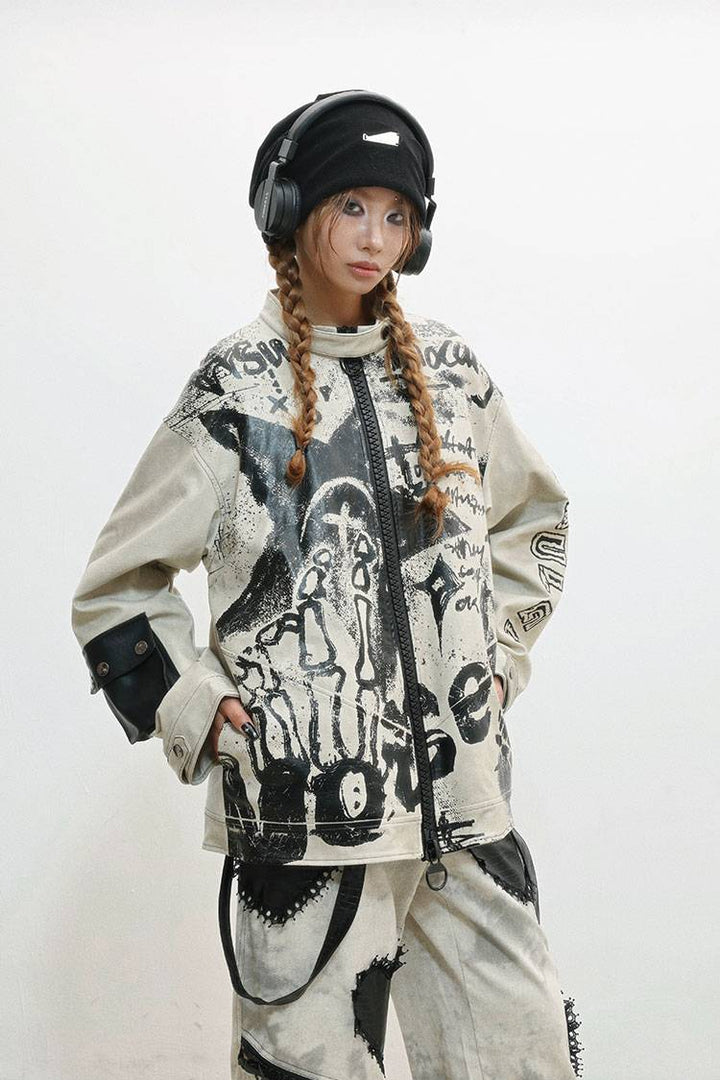 Distressed Graphic Zip Jacket