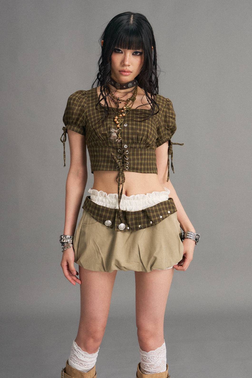 Plaid Waist Bubble Skirt