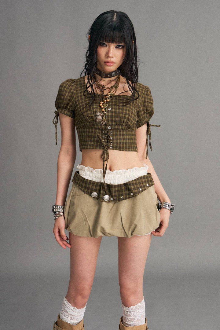 Plaid Waist Bubble Skirt