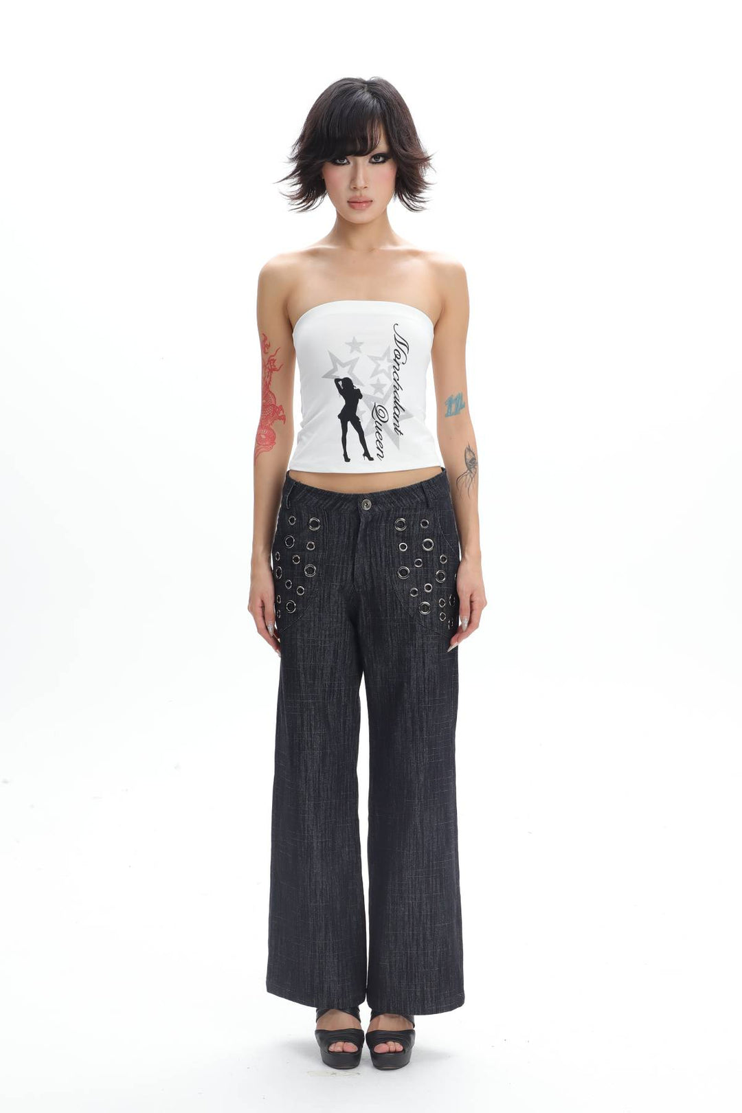 Eyelet Detail Straight Jeans