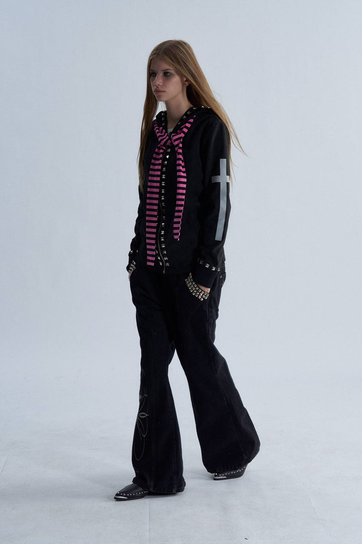 Studded Scarf Zip Hoodie