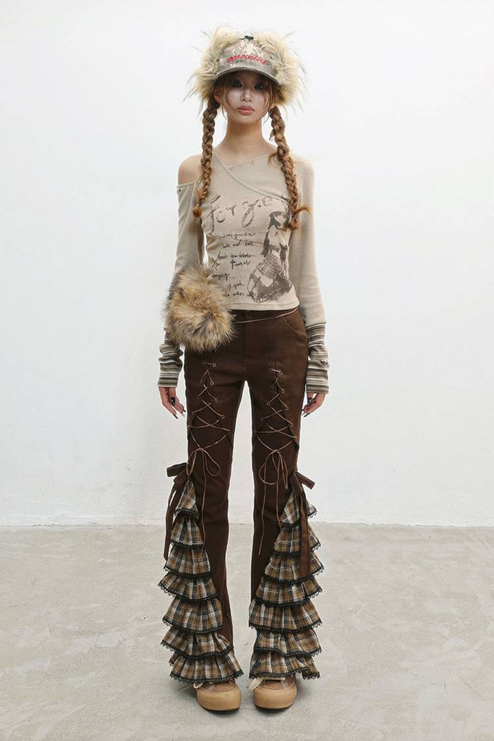 Plaid Ruffle Lace Pants
