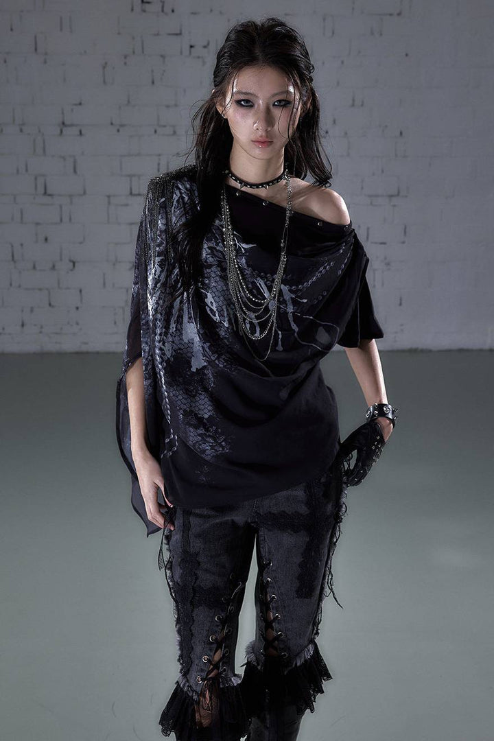 Draped Graphic Chiffon Top