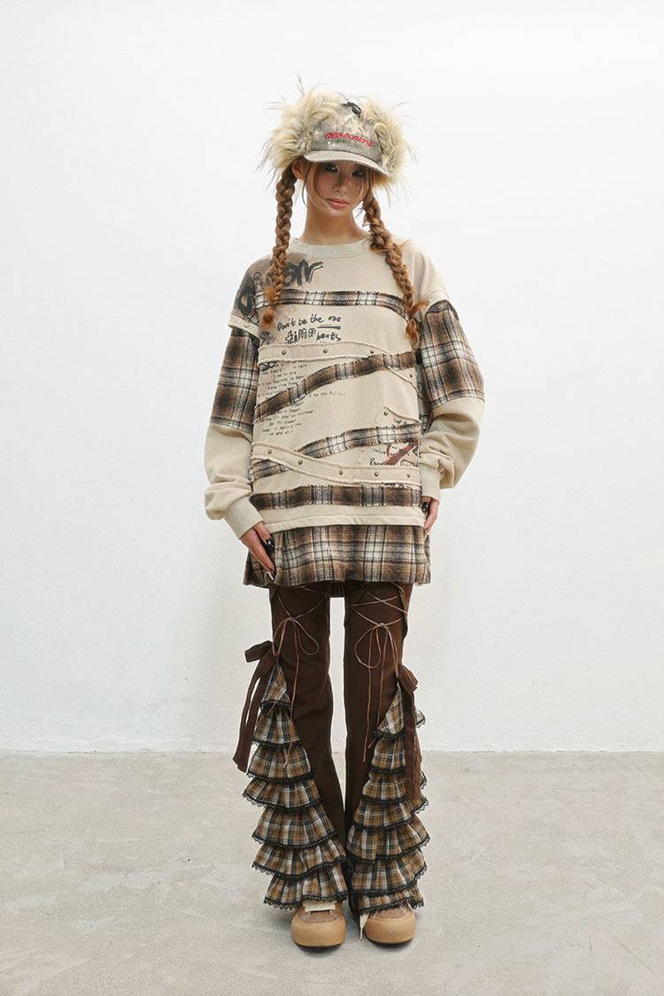 Plaid Layer Distressed Sweatshirt