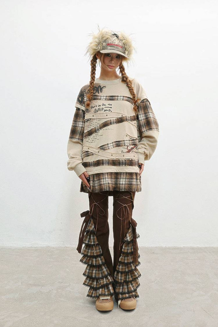 Plaid Layer Distressed Sweatshirt