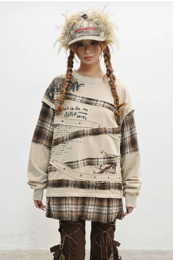 Plaid Layer Distressed Sweatshirt
