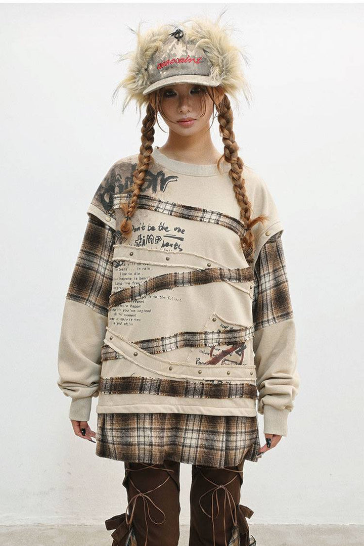 Plaid Layer Distressed Sweatshirt