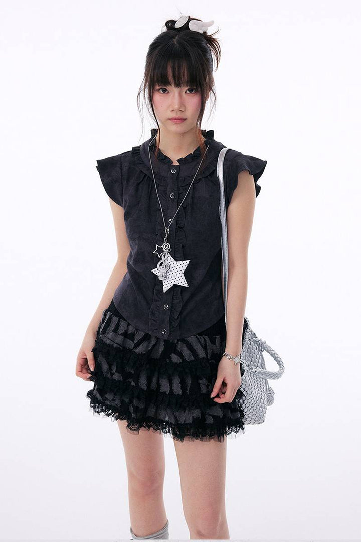 Ruffle Trim Button Blouse