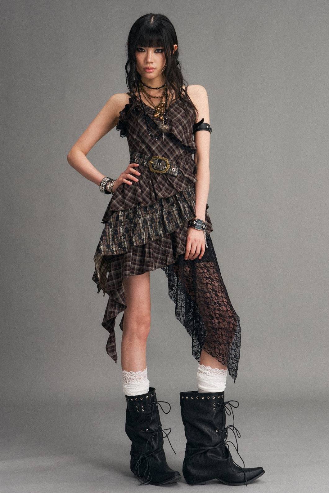 Asymmetric Plaid Mini Dress