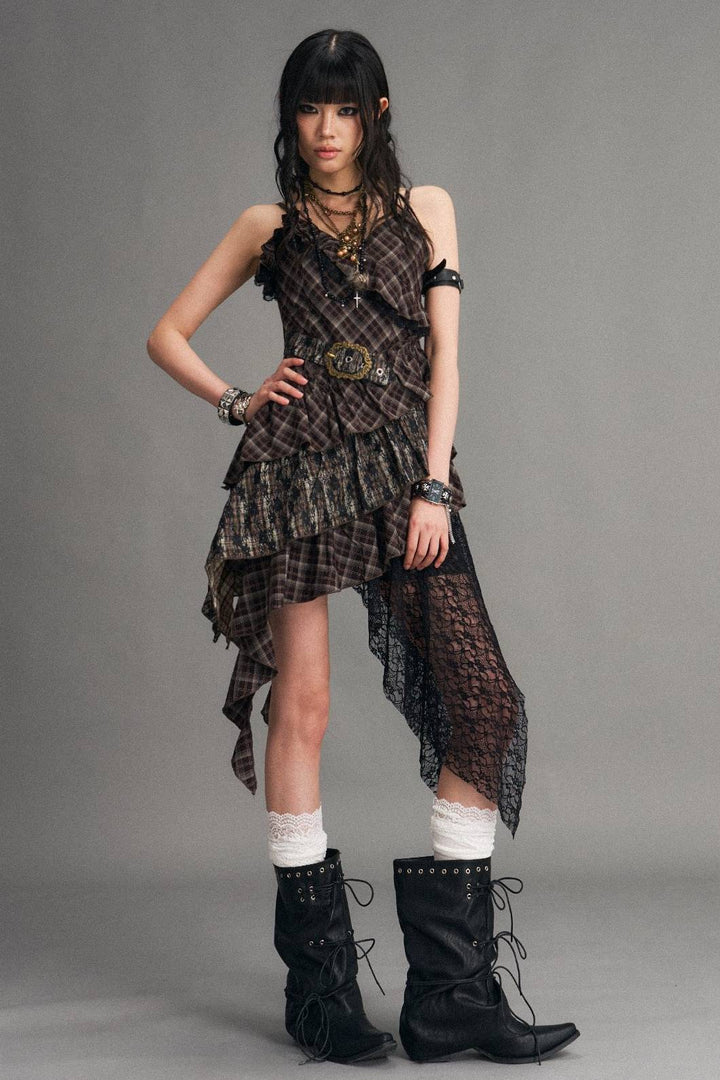 Asymmetric Plaid Mini Dress