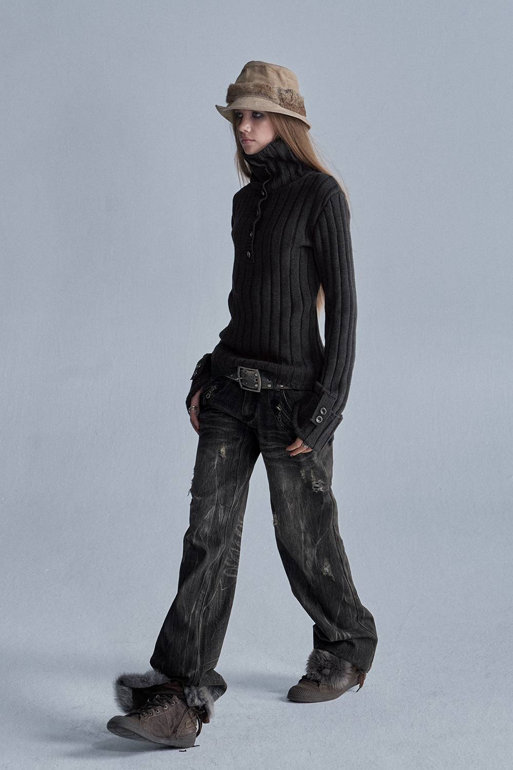 Distressed Ribbed Knit Sweater