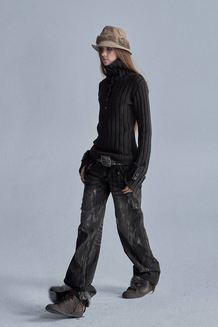 Distressed Ribbed Knit Sweater