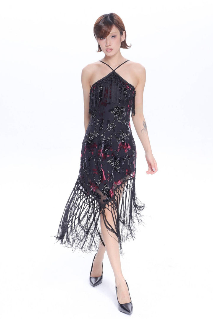 Floral Fringe Halter Dress