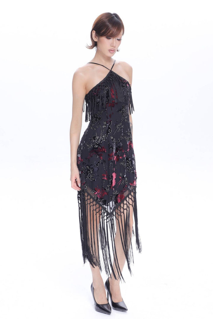 Floral Fringe Halter Dress