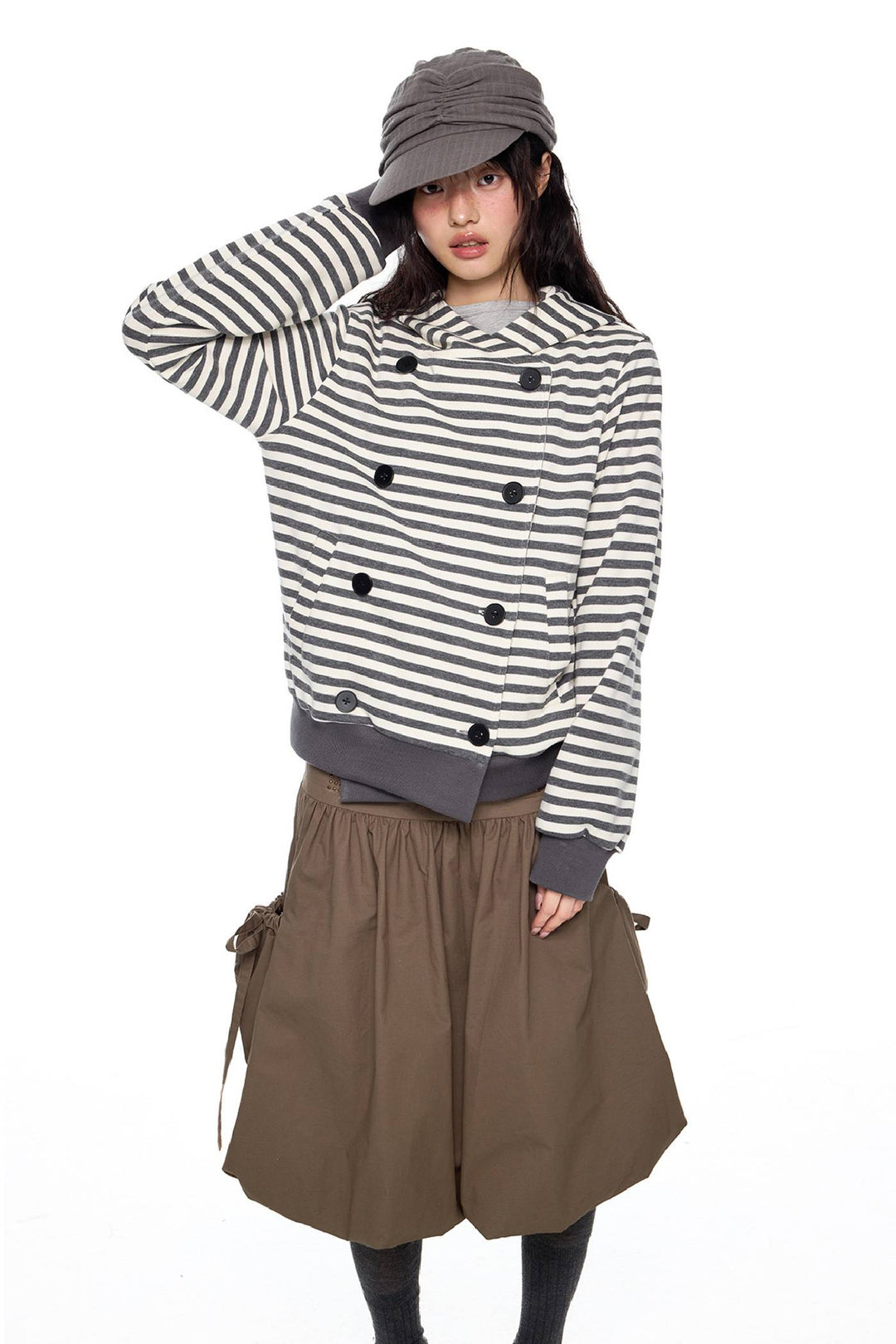 Striped Hooded Button Jacket