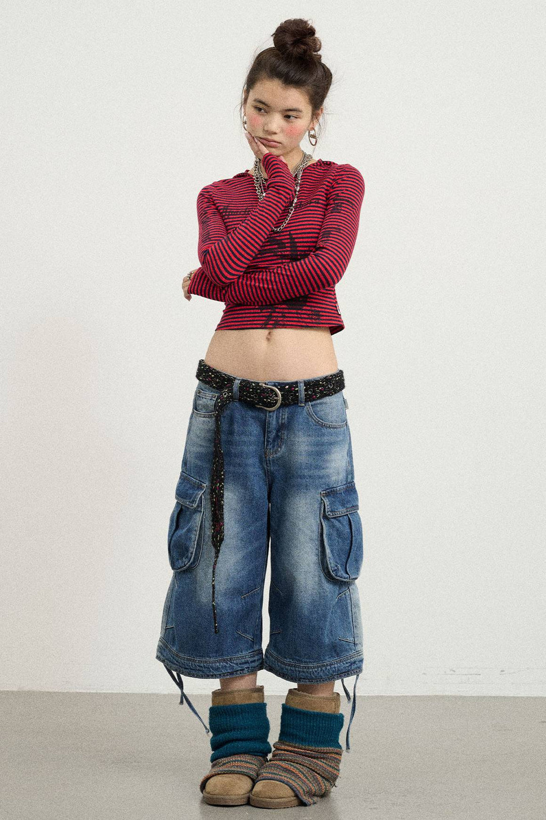 Washed Cargo Denim Shorts