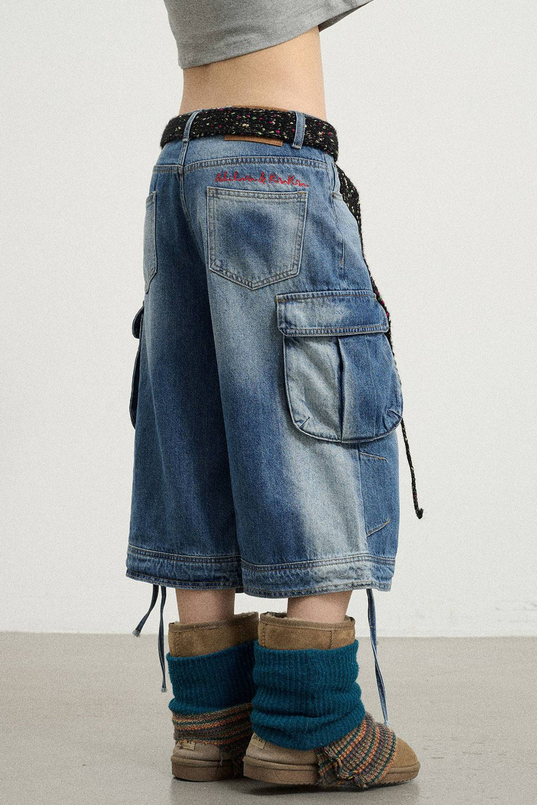 Washed Cargo Denim Shorts