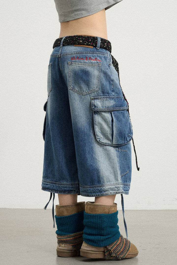 Washed Cargo Denim Shorts