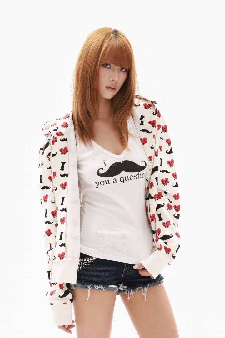 Heart Print Zip Hoodie