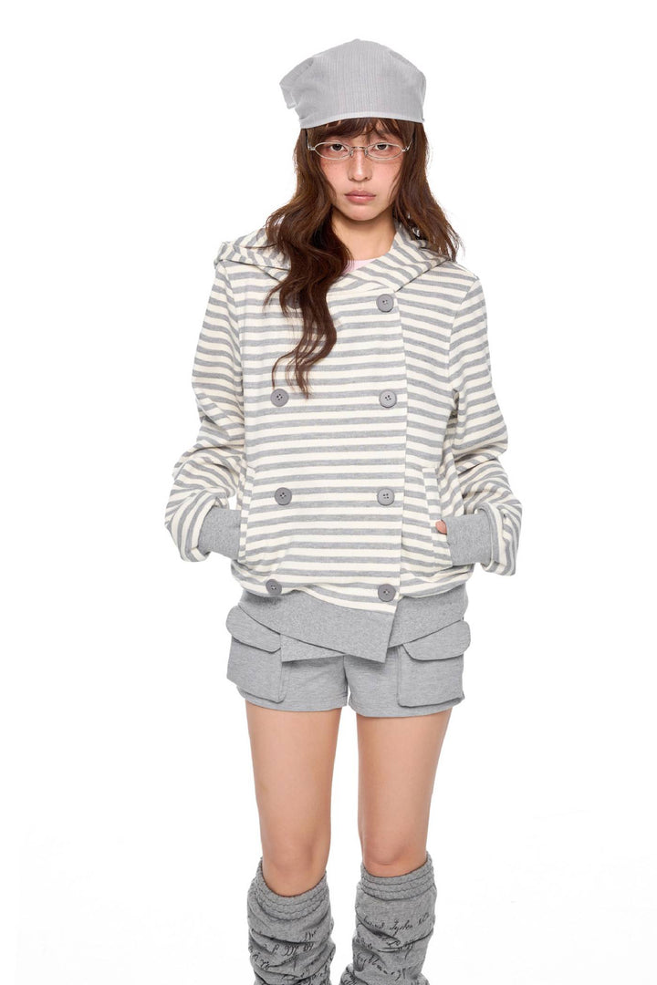 Striped Hooded Button Jacket