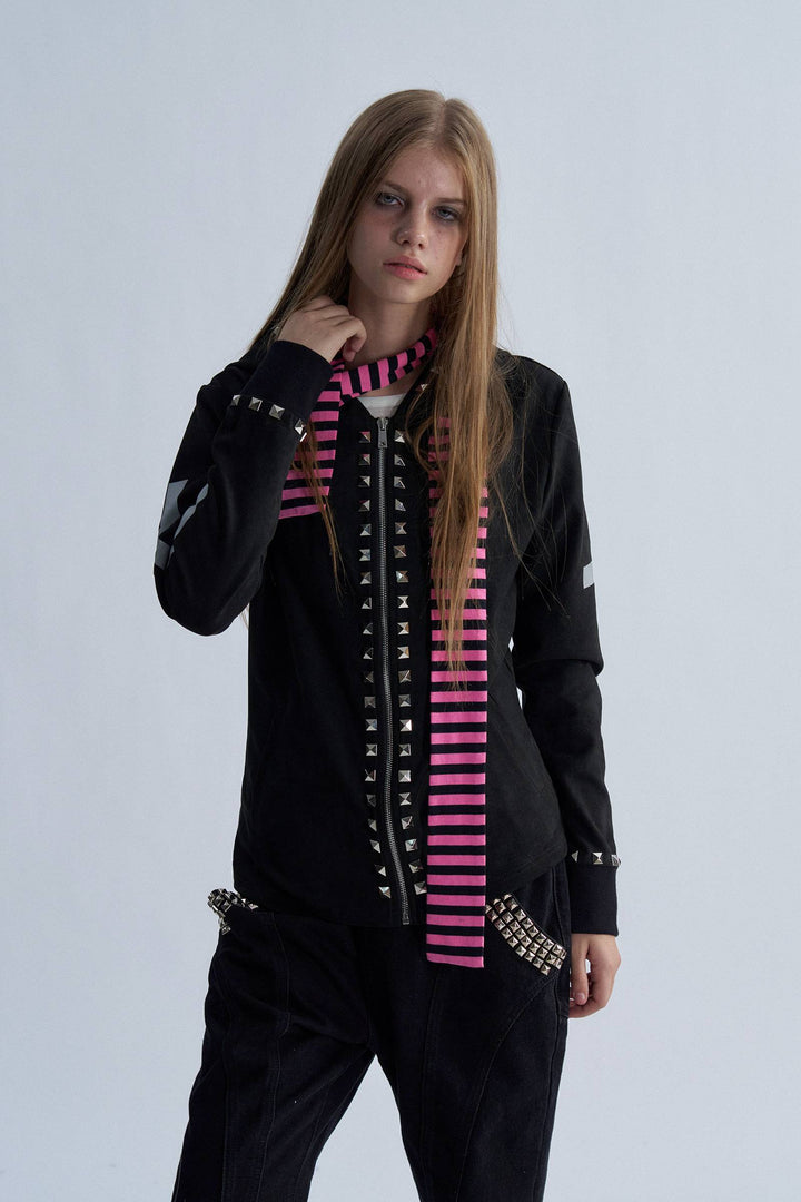 Studded Scarf Zip Hoodie