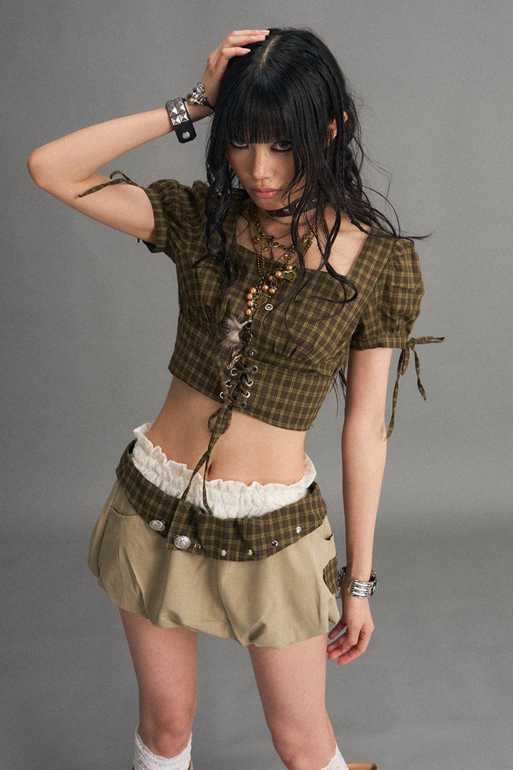 Plaid Lace Up Crop Top