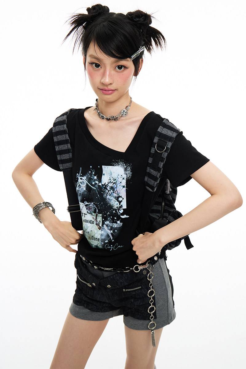 Graphic Print V-Neck Tee