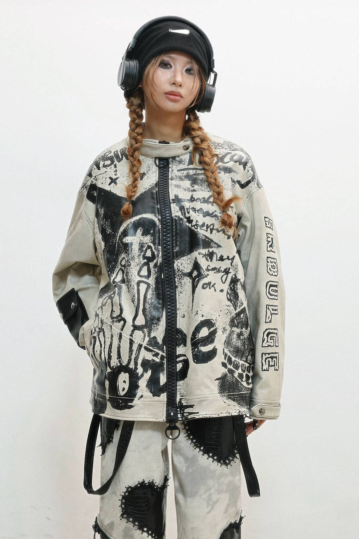 Distressed Graphic Zip Jacket
