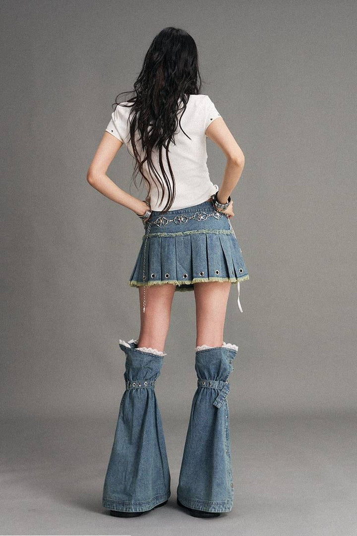 Pleated Denim Mini Skirt