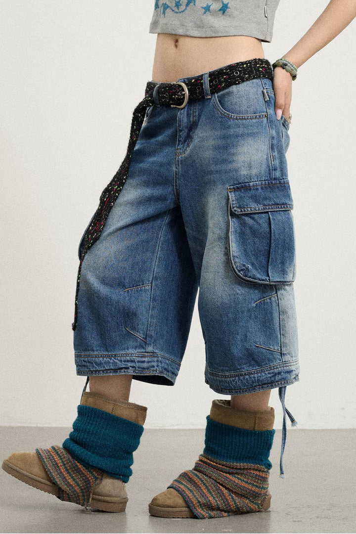 Washed Cargo Denim Shorts