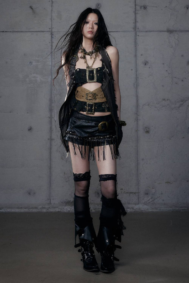 Cross Embroidered Buckle Top