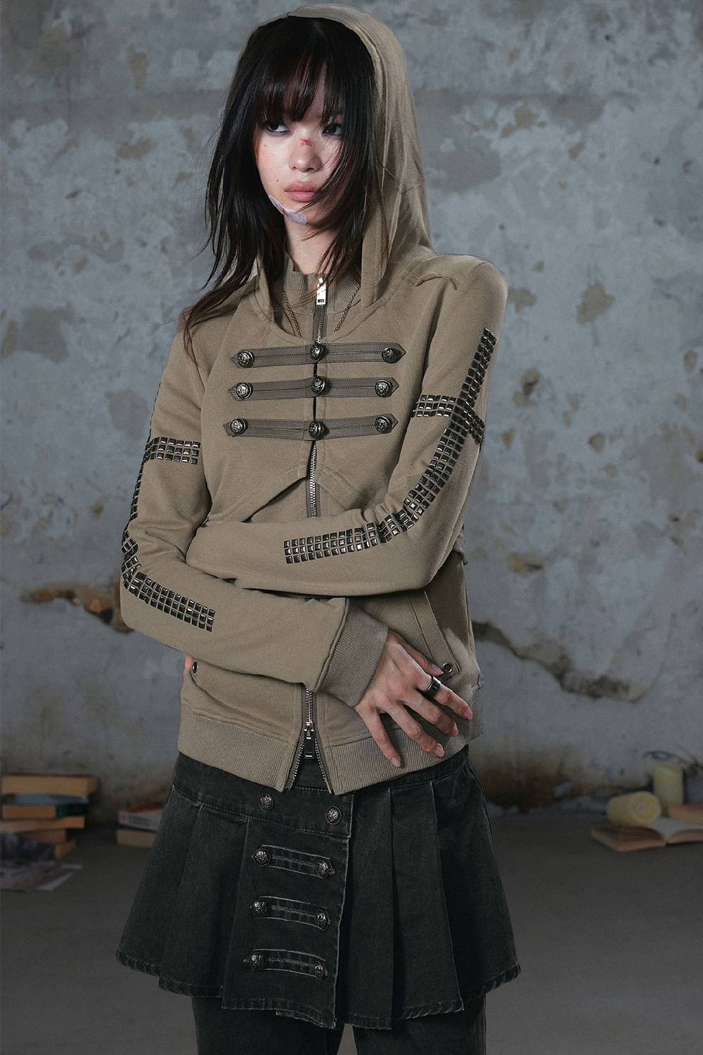 Studded Layered Zip Hoodie